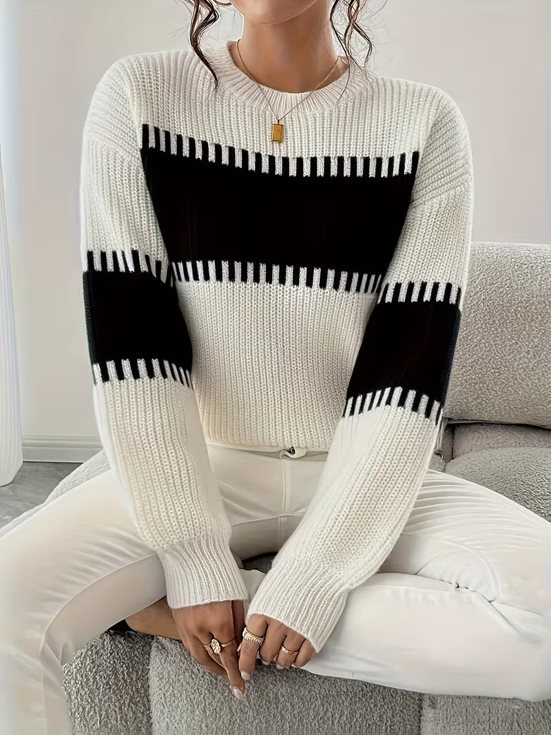 Women's Striped Crew Neck Oversized Knit Pullover Sweater
