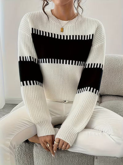 Women's Striped Crew Neck Oversized Knit Pullover Sweater