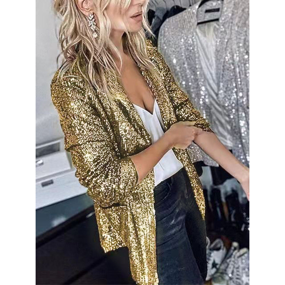 Women's Sequin Blazer Long Sleeve Zip Up Slim Jacket