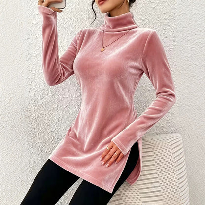 Women's Velvet Turtleneck Long Sleeve Side Slit Top