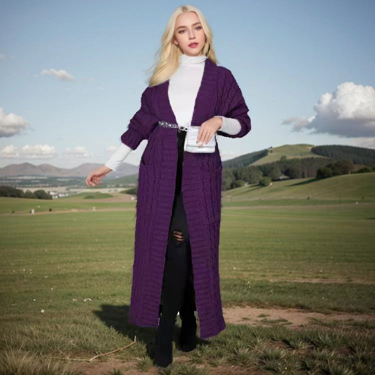 Long Cable Knit Open Front Cardigan with Pockets