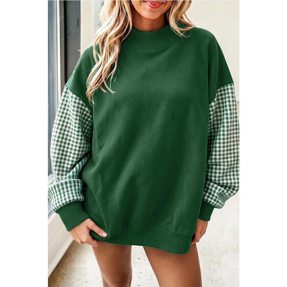 Plaid Sleeve Oversized Mock Neck Fleece Sweatshirt
