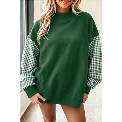 Plaid Sleeve Oversized Mock Neck Fleece Sweatshirt