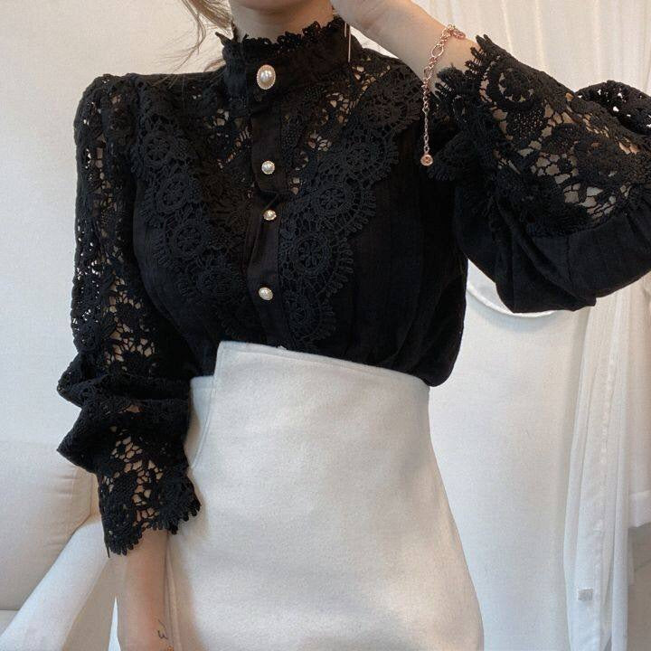 Women's Crochet Lace Floral Bishop Sleeve Blouse