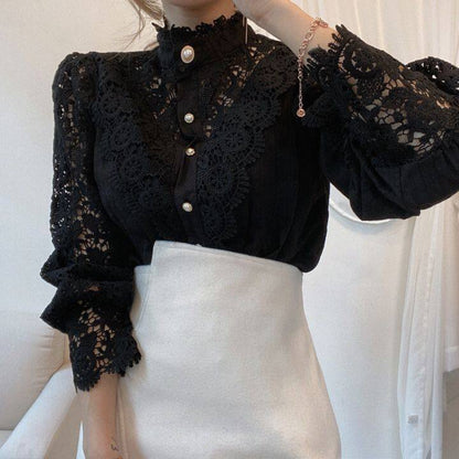 Women's Crochet Lace Floral Bishop Sleeve Blouse