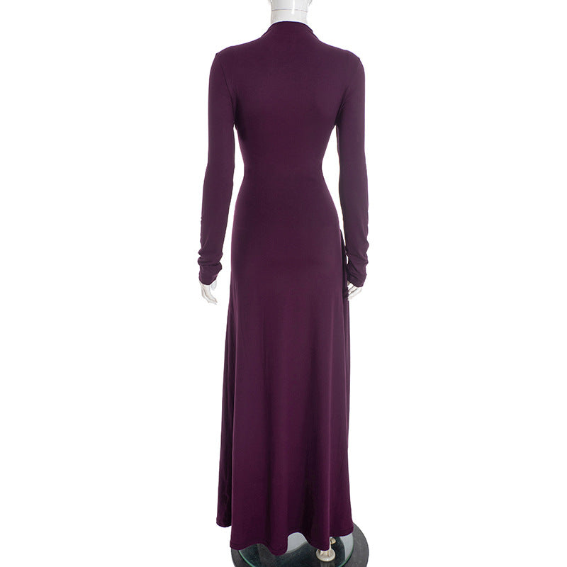 Elegant Mock Neck Long Sleeve Ruched Sash Maxi Dress