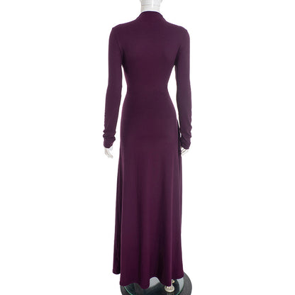 Elegant Mock Neck Long Sleeve Ruched Sash Maxi Dress