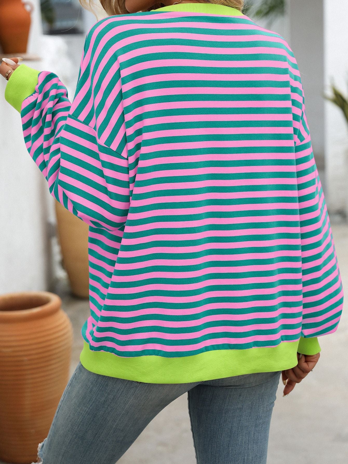 Striped Crew Neck Sweatshirt Loose Fit Casual Sweater for Woman