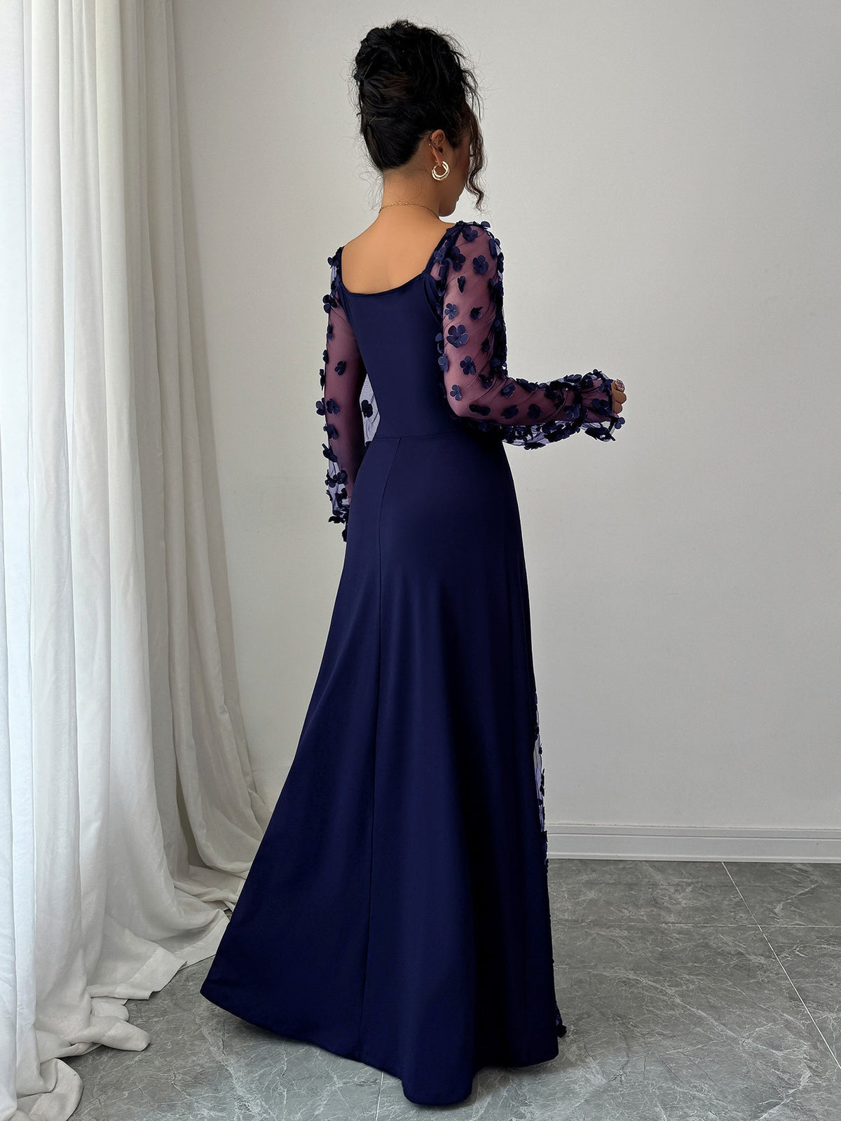 Square Neck Puff Sleeve Floral Mesh A-Line Maxi Dress