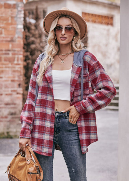 Plaid Hooded Shacket Jacket Oversized Fall Flannel Coat