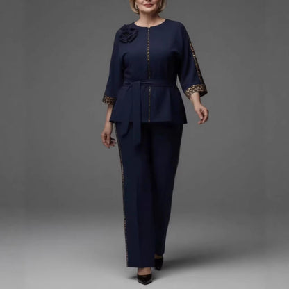 Women's Elegant Belted 2-Piece Floral Pant Set