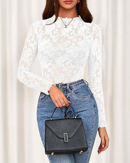 Sheer Lace Mock Neck Long Sleeve Fitted Top