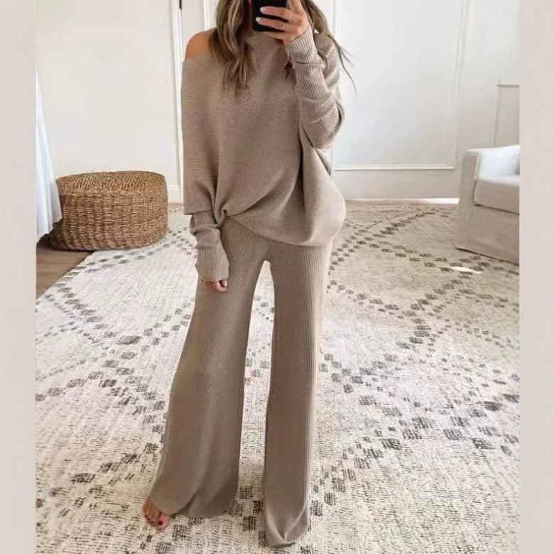 Women's Off Shoulder Oversized Knit Set Wide Leg Pants