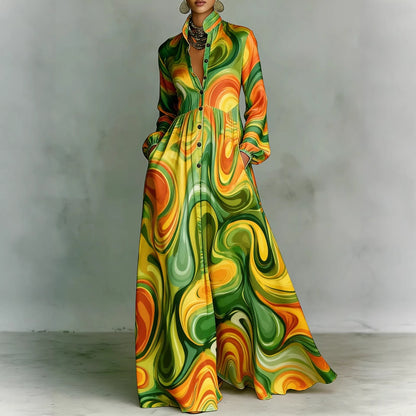 Boho Floral Maxi Dress Long Sleeve Button Down Pleated