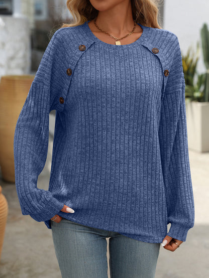 Casual Solid Color Ribbed Knit Button Detail Long Sleeve Top