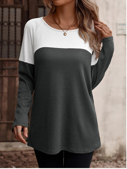 Color Block Shoulder Button Long Sleeve Loose Cotton Top
