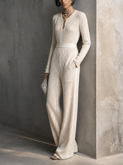 Women's Ribbed Knit V-Neck Zipper Wide Leg Jumpsuit