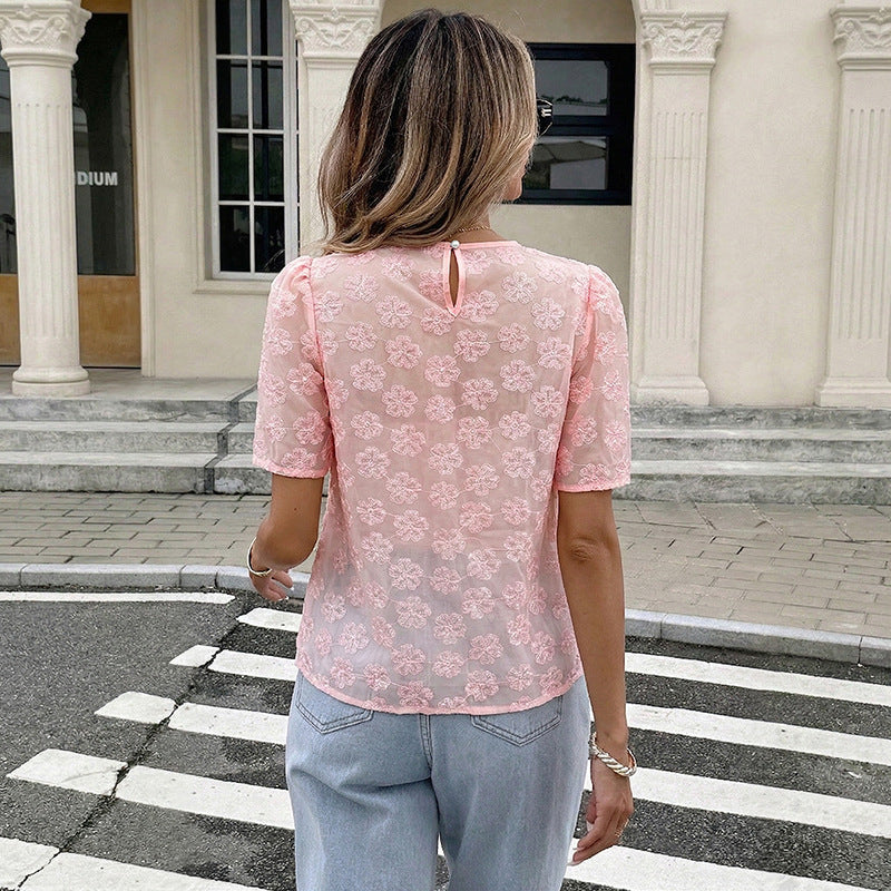 Pink Floral Jacquard Puff Sleeve Blouse Pearl Neck Top