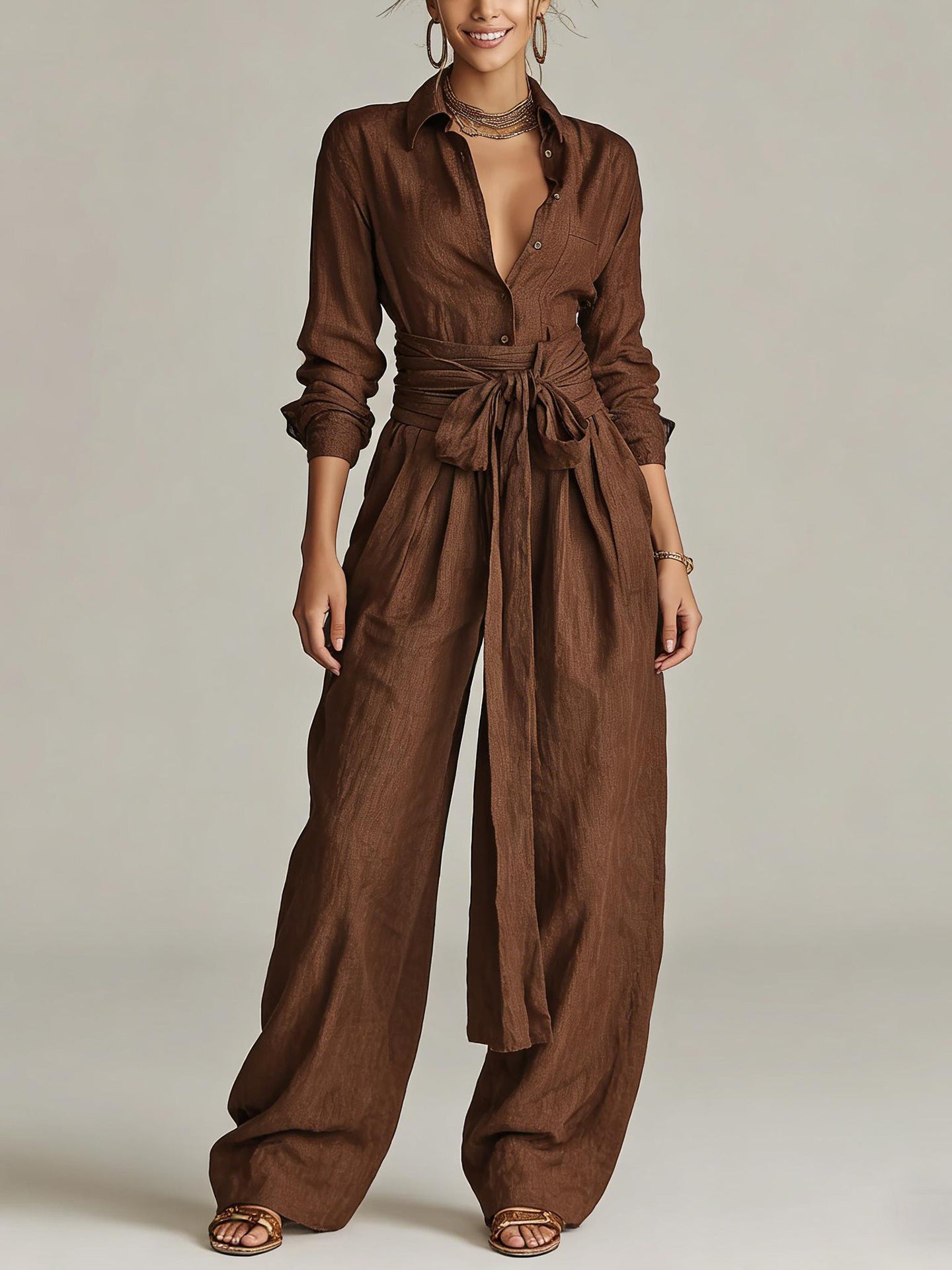 Tie Waist Wide Leg Jumpsuit Long Sleeve Solid Chic