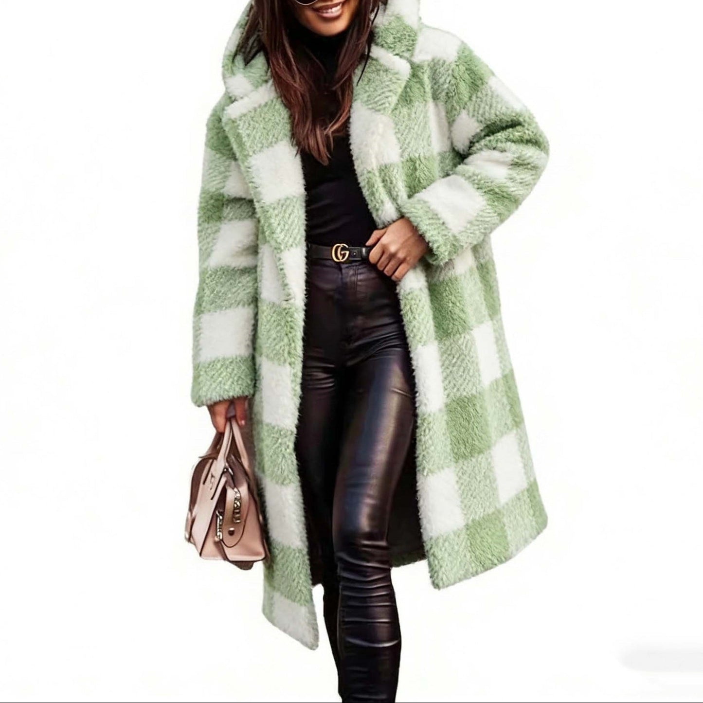 Women's Plaid Teddy Long Hooded Coat Winter Warm