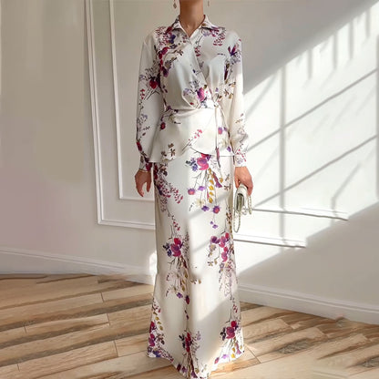 Women's Floral Long Sleeve Tie Waist Top & Maxi Skirt Set