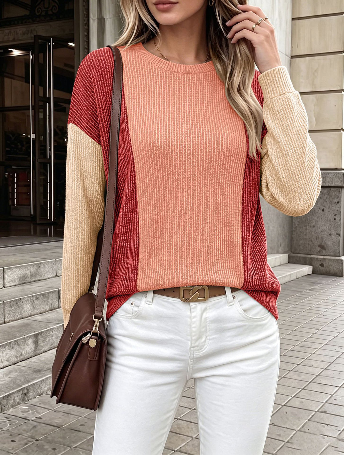 Color Block Waffle Knit Long Sleeve Crew Neck Top