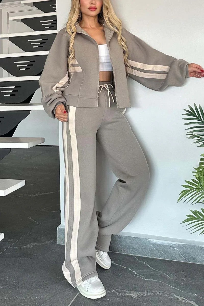 Women's Y2K Striped Zip Tracksuit Set Wide Leg Pants