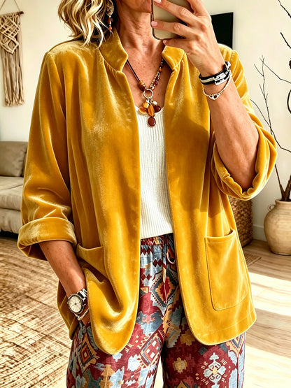 Women's Velvet Blazer Open Front Long Sleeve Pockets