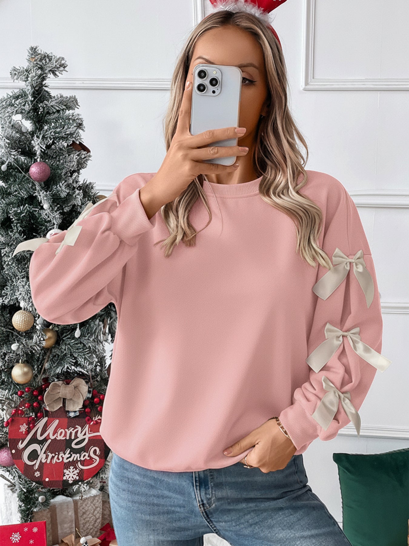 Bow Sleeve Round Neck Long Sleeve Sweatshirt