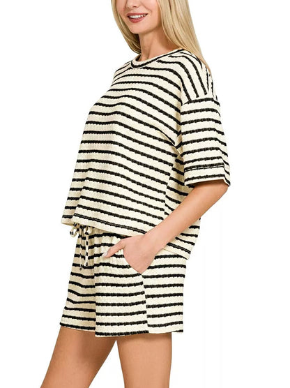 Stripe Textured Knit Lounge Set Casual Shorts Outfit