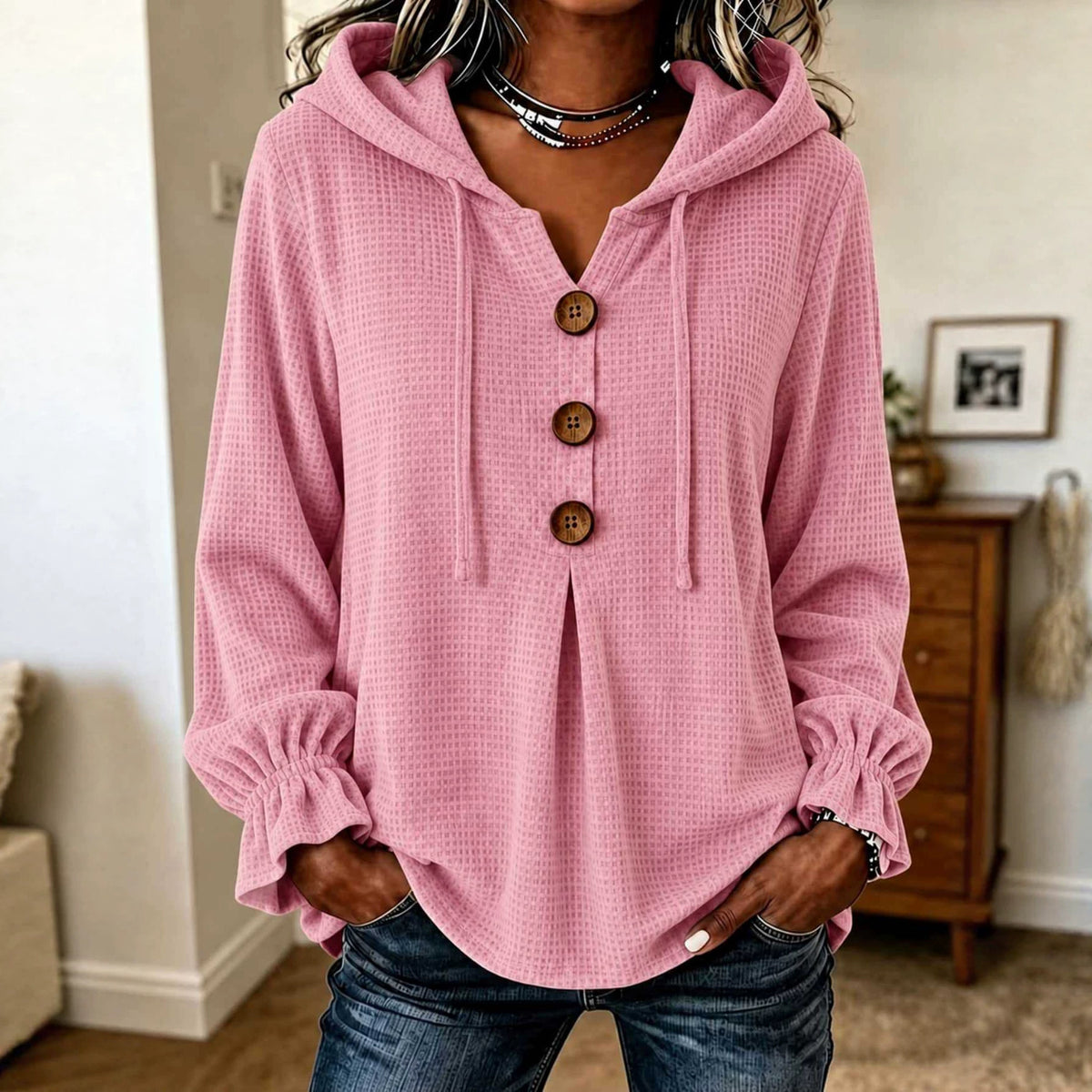 Waffle Knit Hooded Henley V Neck Long Sleeve Top