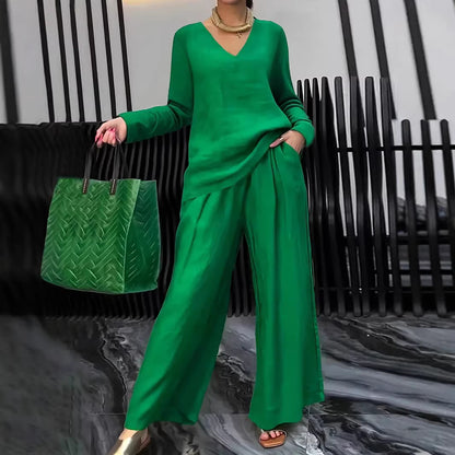 Women's Casual V-Neck Wide Leg Pants 2 Piece Matching Set