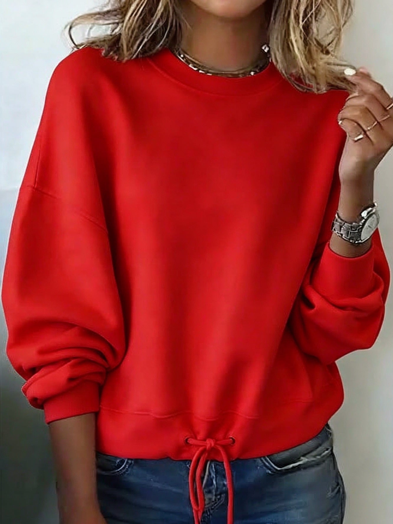 Women's Crewneck Sweatshirt Drawstring Hem Long Sleeve