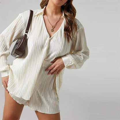 Pleated Long Sleeve Shirt & Shorts Two Piece Set