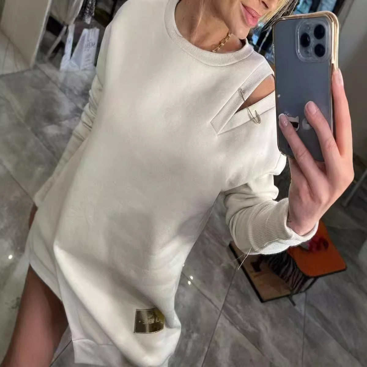 Oversized Fleece Crewneck Sweatshirt Dress Side Slit