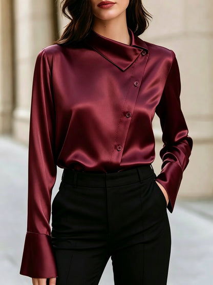 Women Satin Asymmetrical Collar Bell Sleeve Work Blouse