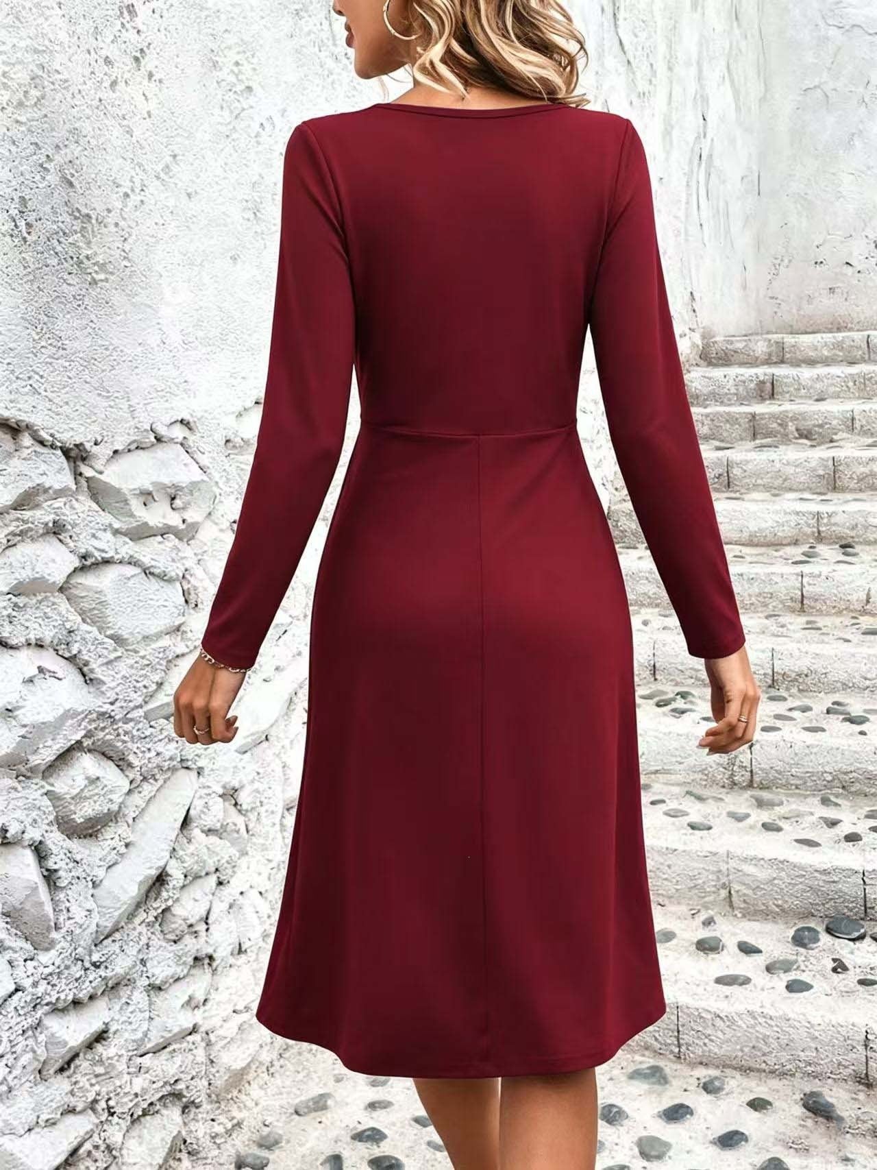 Women's V-Neck Long Sleeve Twist Front A-Line Midi Dress