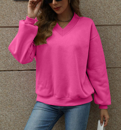 Colorblock V Neck Fleece Sweatshirt Women Casual Pullover Top