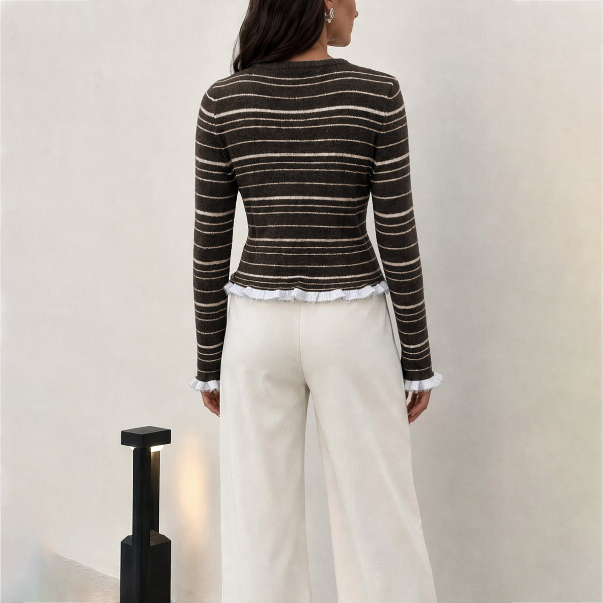 Women's Striped Crew Neck Button Front Ruffle Trim Cardigan