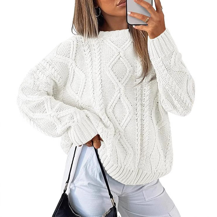 Womens Oversized Cable Knit Crewneck Pullover Sweater