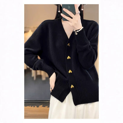 Women's Heart Button V-Neck Knit Cardigan Sweater
