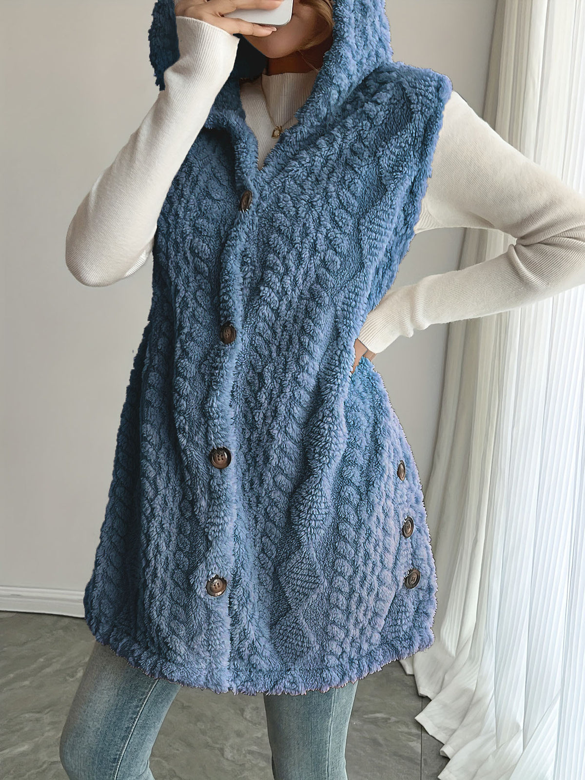 Women's Hooded Fleece Button Front Vest Cardigan