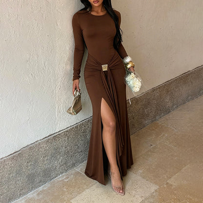 Sexy Long Sleeve Bodycon Maxi Dress Gold Buckle Slit