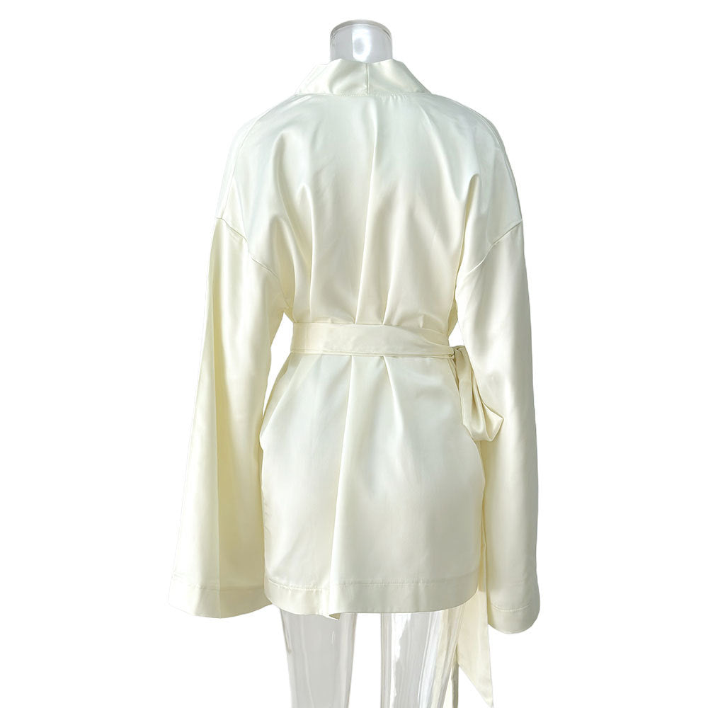 Sexy Satin V-Neck Tie Waist Long Sleeve Mini Dress