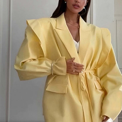 Women's Tie Waist Blazer Puff Sleeve Coat