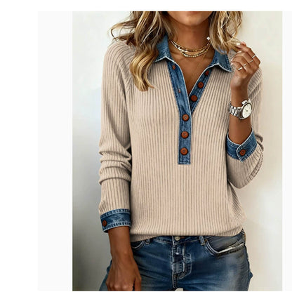 Women's Ribbed Knit Denim Collar Long Sleeve Pullover Top