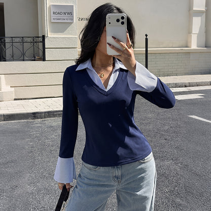 Layered Look V Neck Top Striped Collar Flare Sleeve