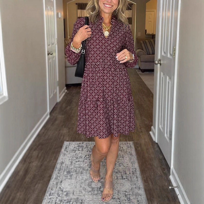 Women's Geometric V-Neck Midi Dress 3/4 Sleeve Flowy Casual