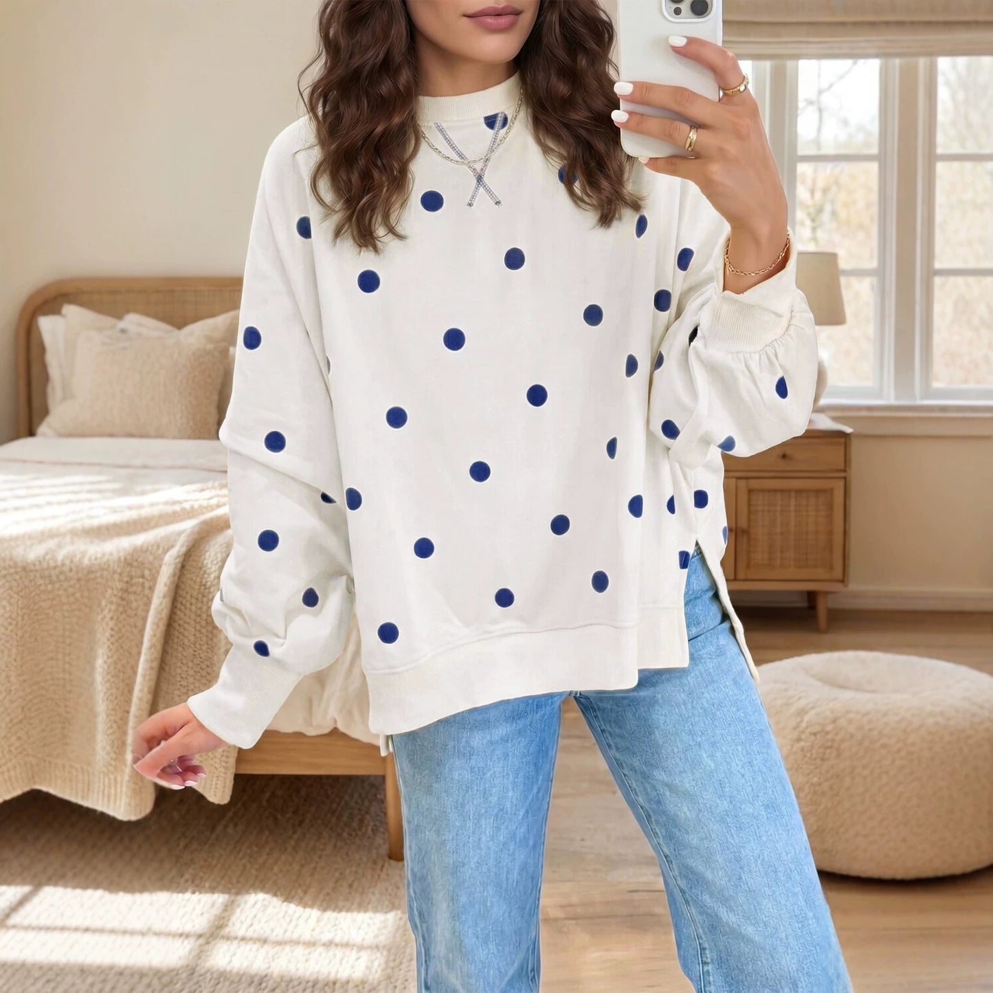 Polka Dot Oversized Sweatshirt Casual Crewneck Pullover