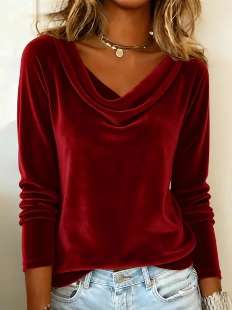 Women's Cowl Neck Velvet Long Sleeve Elegant Top